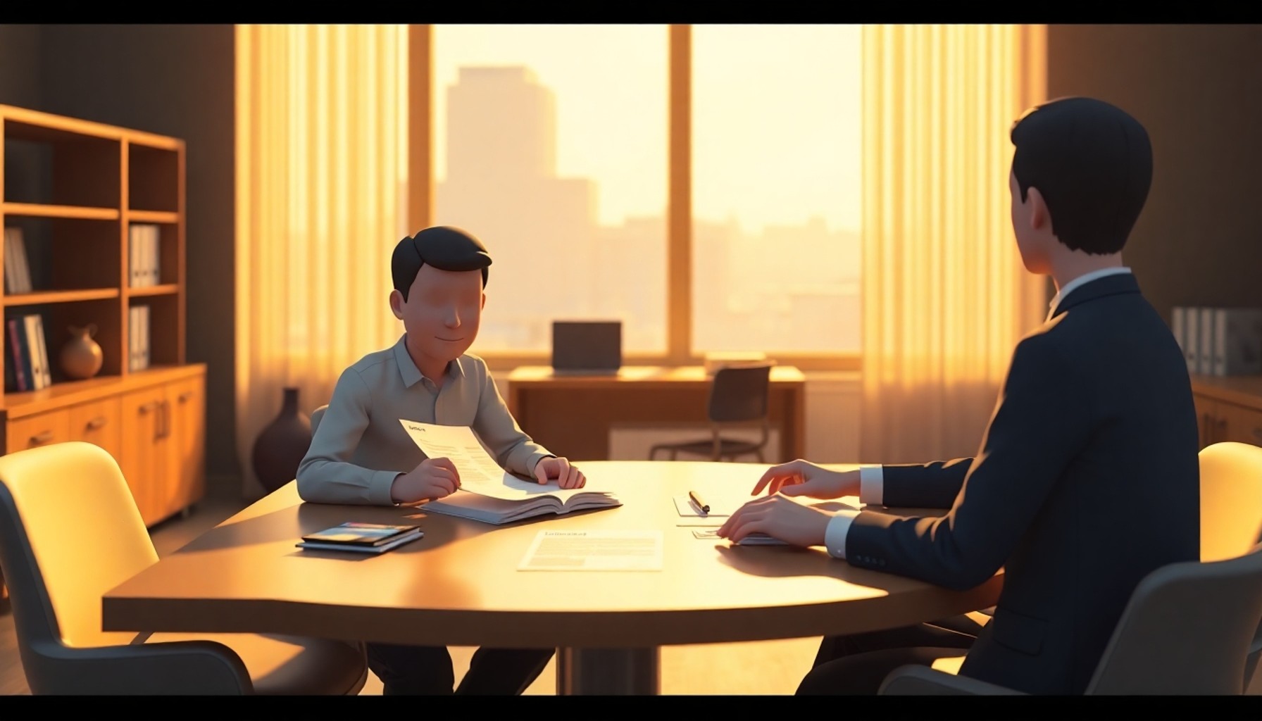 Arabuluculuk masasında işçi ve arabulucu, bordro belgeleri açık şekilde masada
