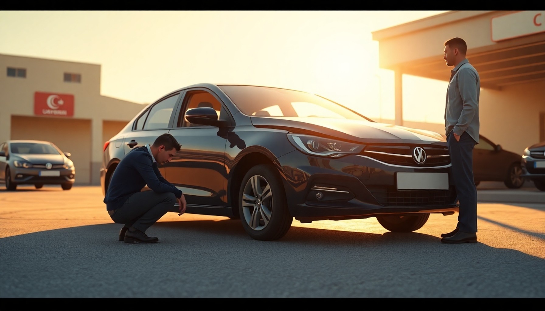 İkinci el oto pazarında pert araç inceleyen alıcı ve satıcı