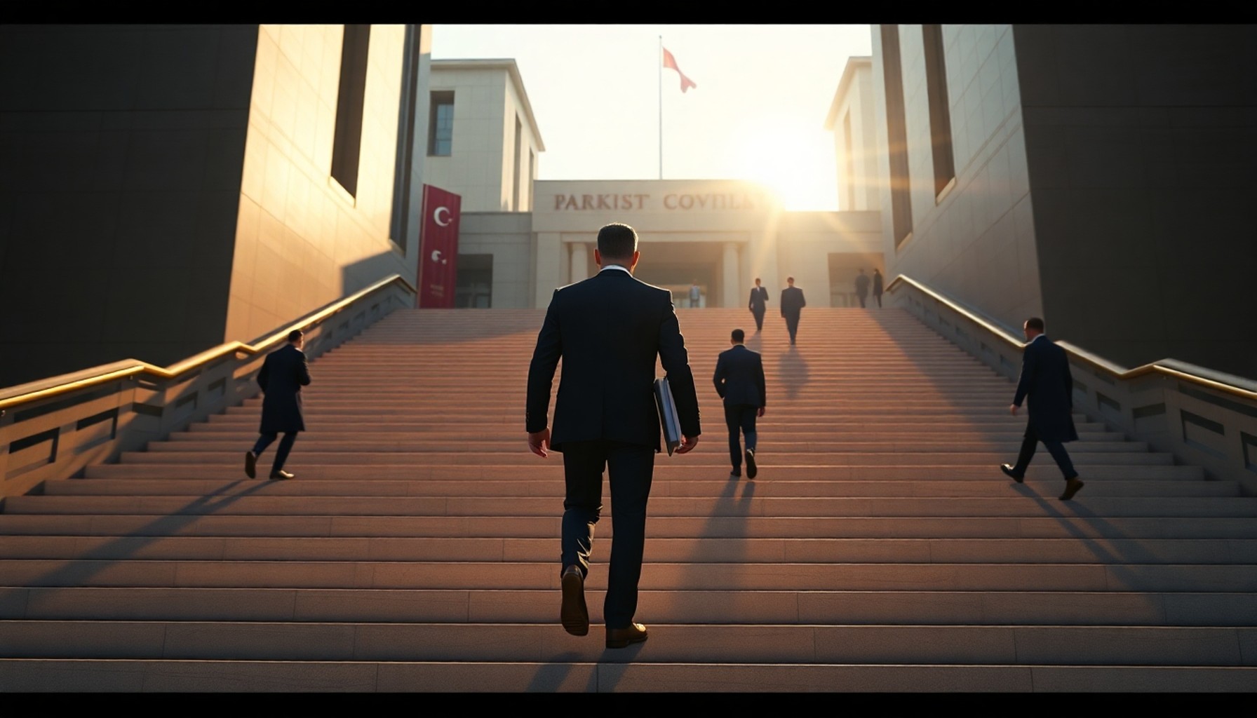 Bir erkek resmi giysiyle baro binasına doğru merdivenleri çıkıyor