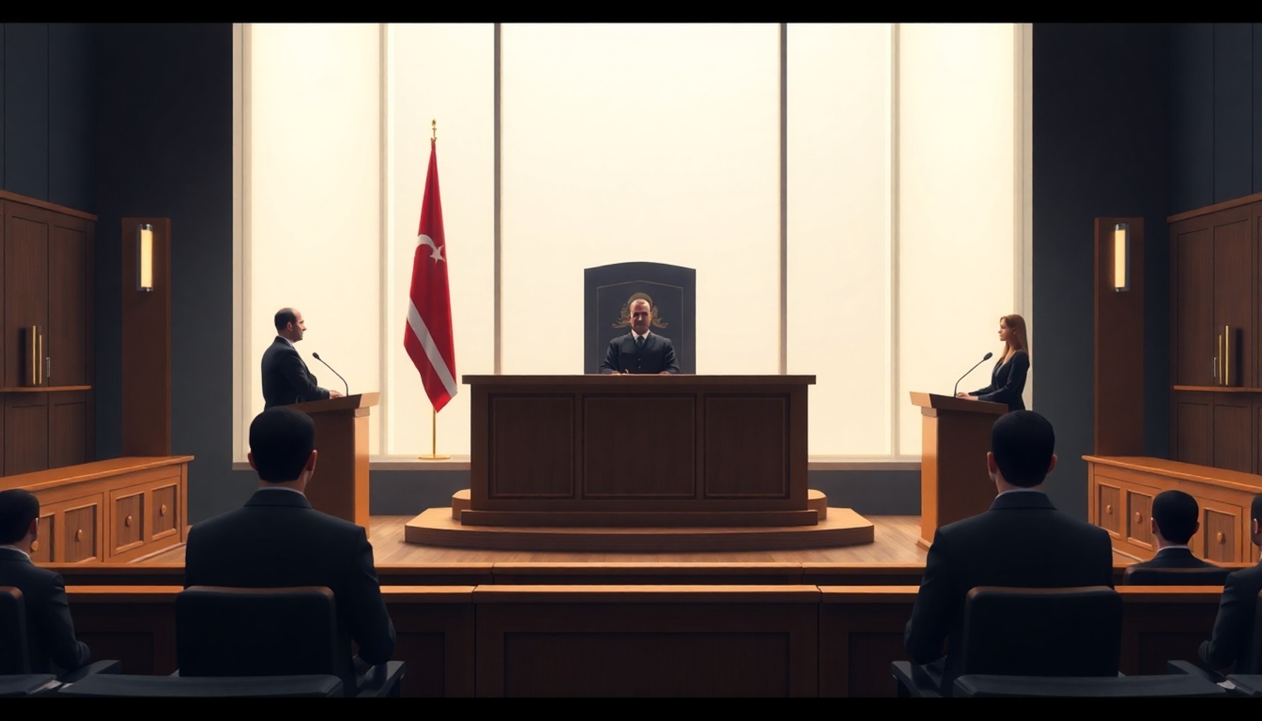 Türk mahkeme salonunda yargıç ve iki avukat duruşma sırasında