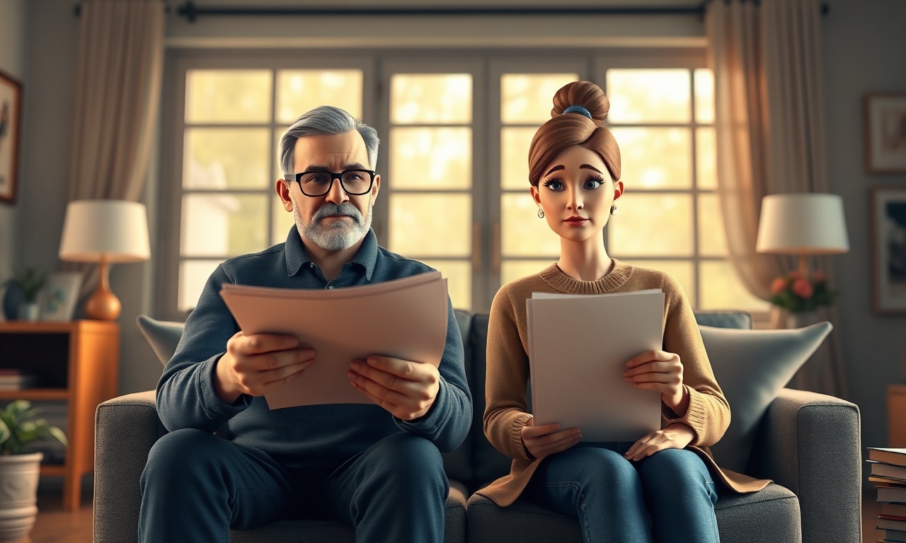 Cinematic editorial 3D illustration for a legal website: A middle-aged man and woman, dressed in casual clothes, sit in a cozy living room with a large window in the background. The woman holds a cup of coffee, while the man looks at a piece of paper on the coffee table. They are surrounded by family photos and books on a bookshelf. stylized smooth 3D characters with minimal featureless faces, deep navy blue and warm gold palette, soft volumetric lighting, atmospheric depth. absolutely no text, no words, no letters, no numbers, no captions, no logos, no watermark, no signage, no posters, no labels, no user interface, no screens, no monitors, no phone displays, no dialog boxes, no popups, no buttons, no menus, no forms, no documents with visible writing, no books with readable pages, no realistic facial features. clean wordless scene, people and physical environment only.