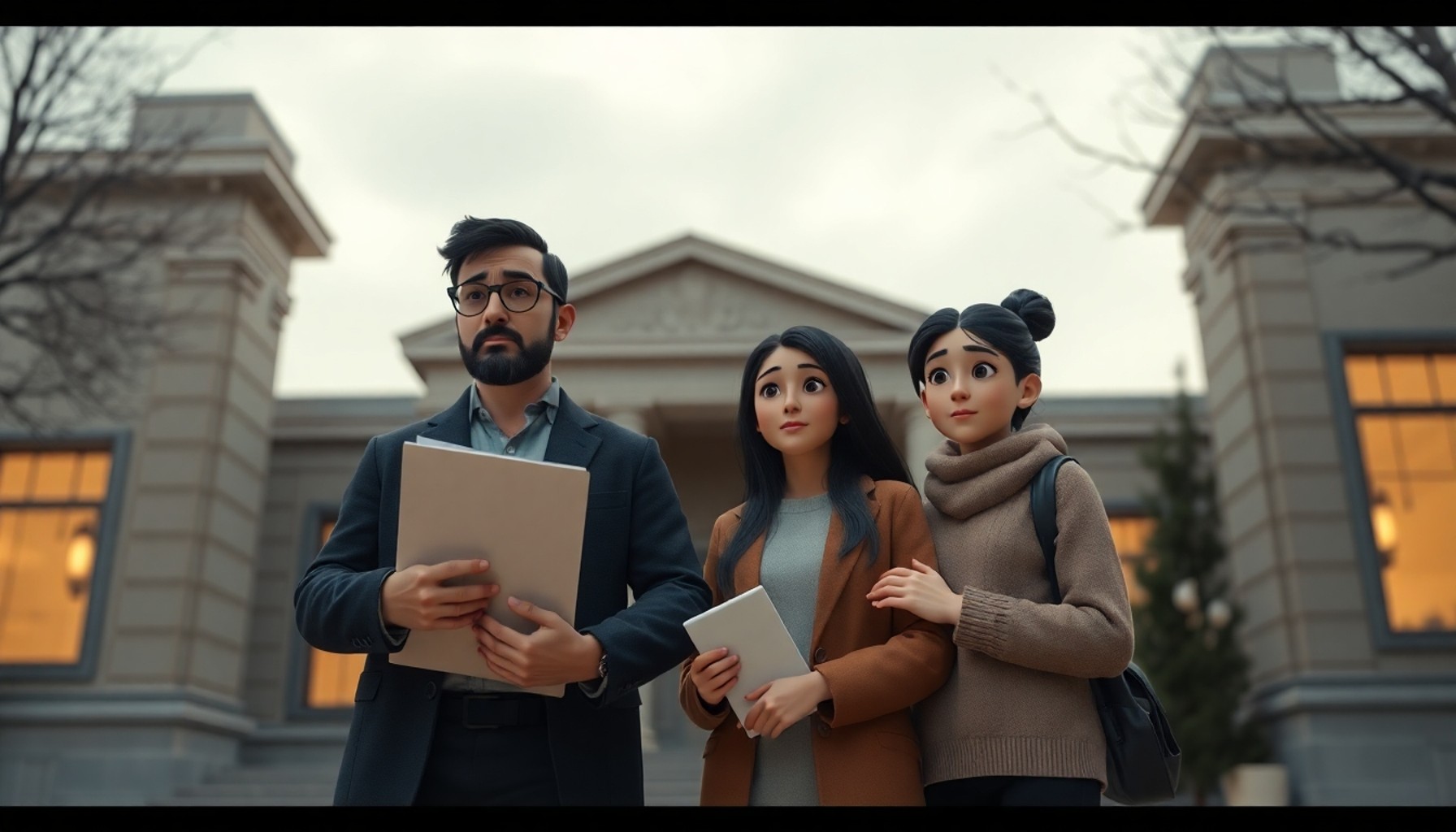 Adliye önünde endişeyle duran aile sahnesi
