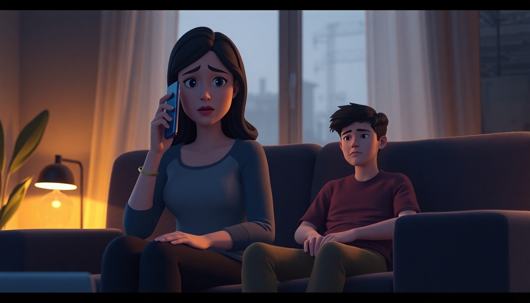 Karakoldan gelen telefonu alan endişeli anne ve yanındaki genç oğlu