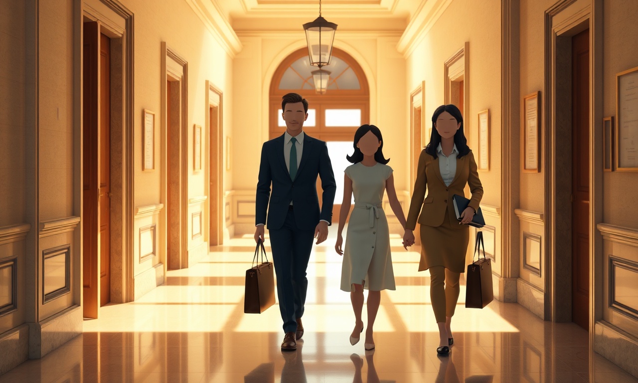 Cinematic editorial 3D illustration for a legal website: A family of three, a man, a woman, and a young girl, walk through a park on a sunny day. The man is dressed in a suit, while the woman and the girl wear casual clothes. They are all smiling and laughing as they enjoy the beautiful weather. In the background, a few people can be seen walking or sitting on benches. The scene is set in a peaceful and serene environment, with a few trees and flowers adding to the natural beauty of the park. The family is lost in conversation, oblivious to the surroundings. The atmosphere is warm and inviting, with a sense of happiness and contentment emanating from the scene. stylized smooth 3D characters with minimal featureless faces, deep navy blue and warm gold palette, soft volumetric lighting, atmospheric depth. absolutely no text, no words, no letters, no numbers, no captions, no logos, no watermark, no signage, no posters, no labels, no user interface, no screens, no monitors, no phone displays, no dialog boxes, no popups, no buttons, no menus, no forms, no documents with visible writing, no books with readable pages, no realistic facial features. clean wordless scene, people and physical environment only.