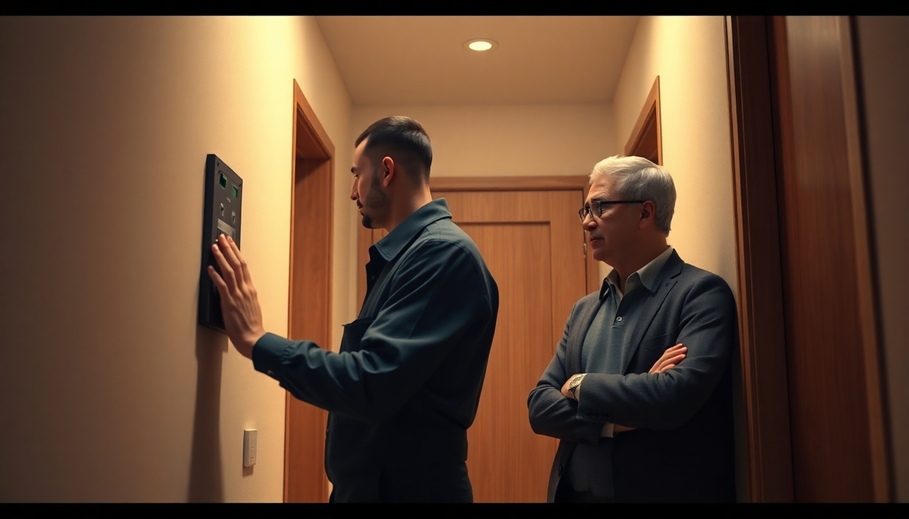 Apartman koridorunda elektrik panosunu inceleyen elektrikçi ve yanında sakin bir şekilde izleyen daire sahibi