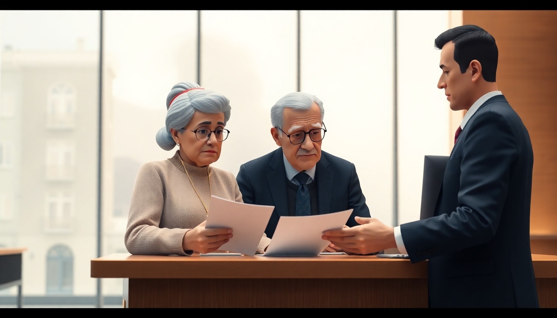 Emekli çift banka şubesinde aylık hesabını inceliyor