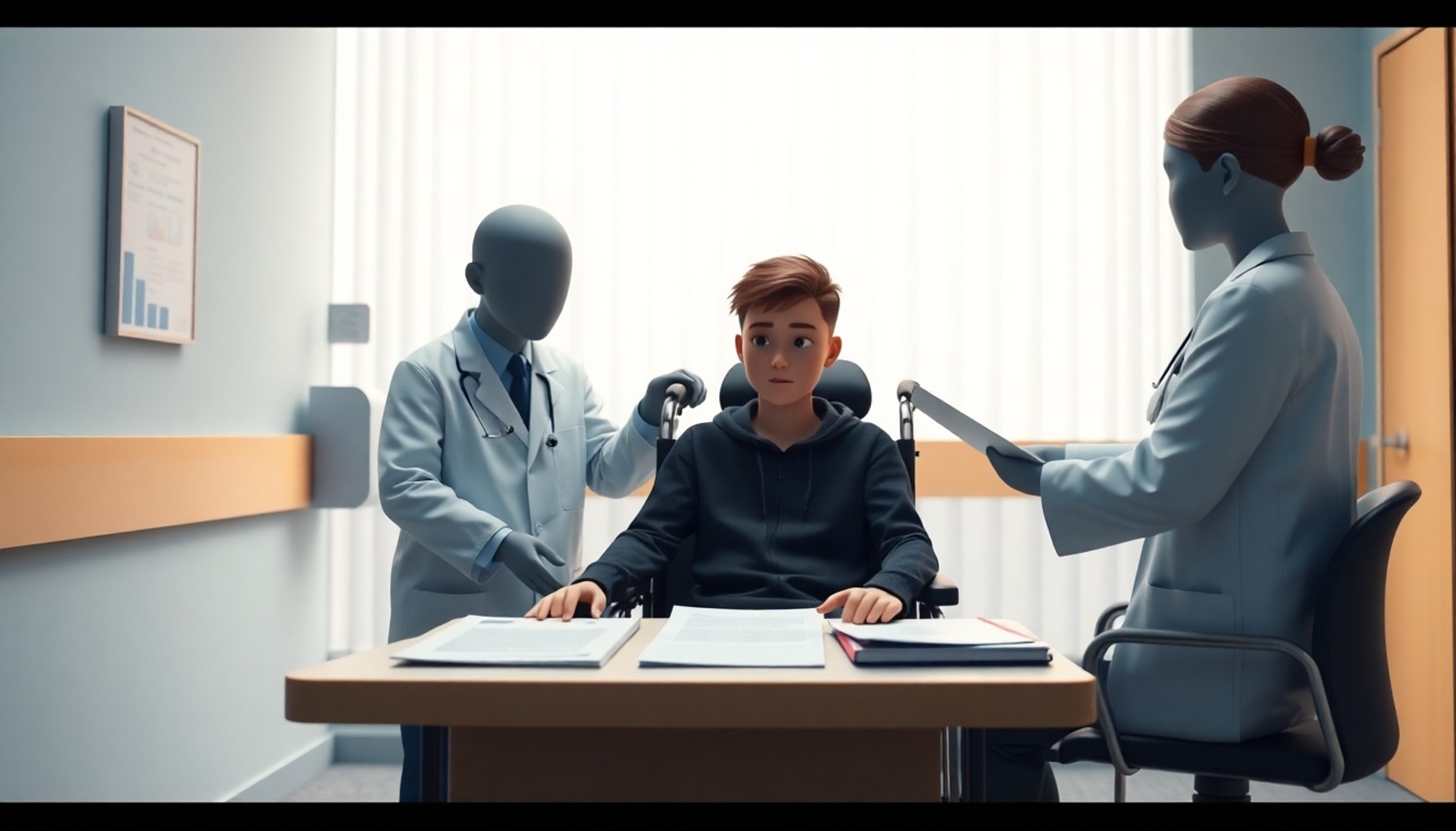 Hastanede engel oranı değerlendirmesi için iki doktor tarafından incelenen tekerlekli sandalyeli genç