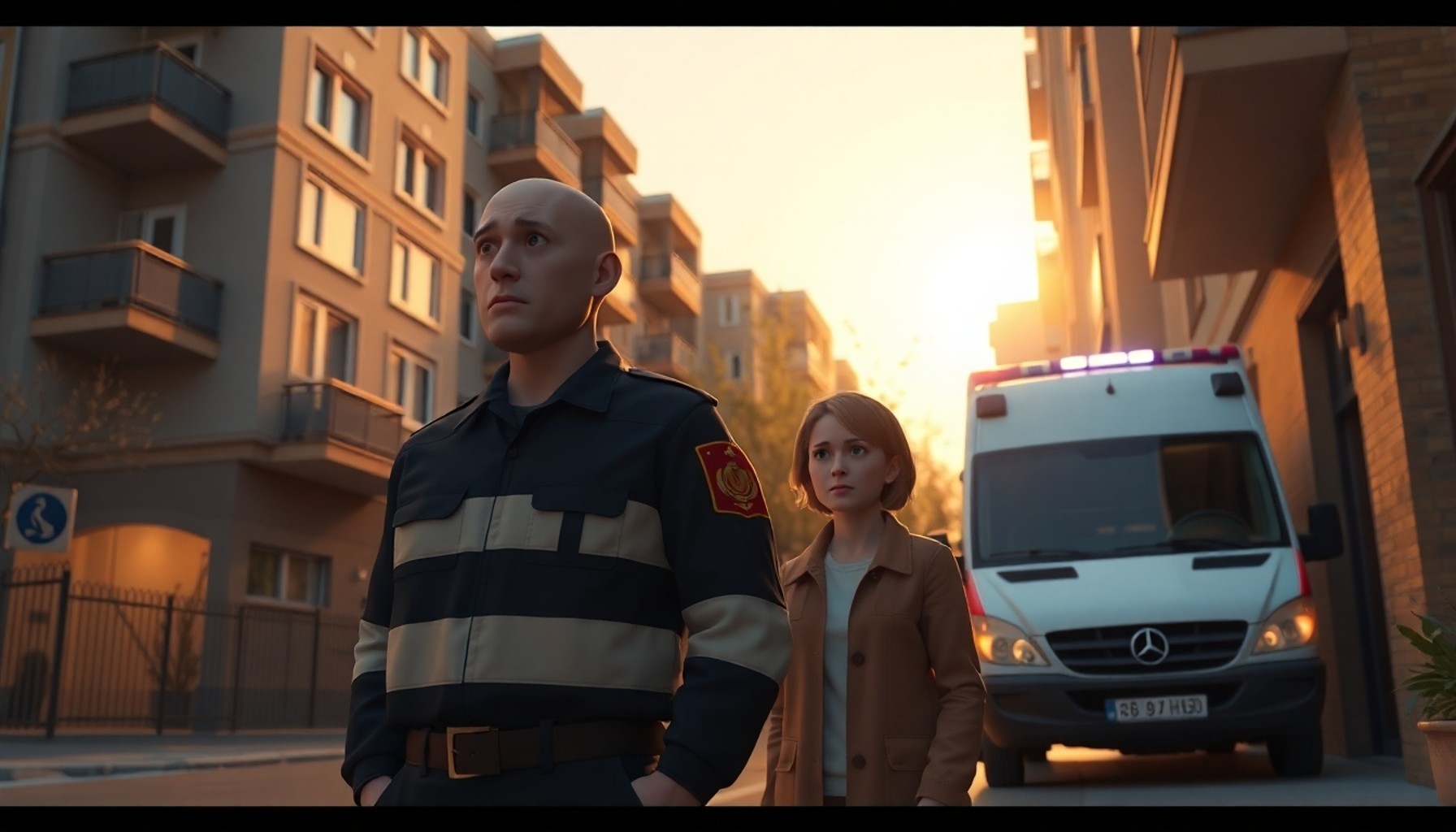 Ev önünde endişeli ev sahibi ve sağlık görevlisi, arkada ambulans, güneşli sokak