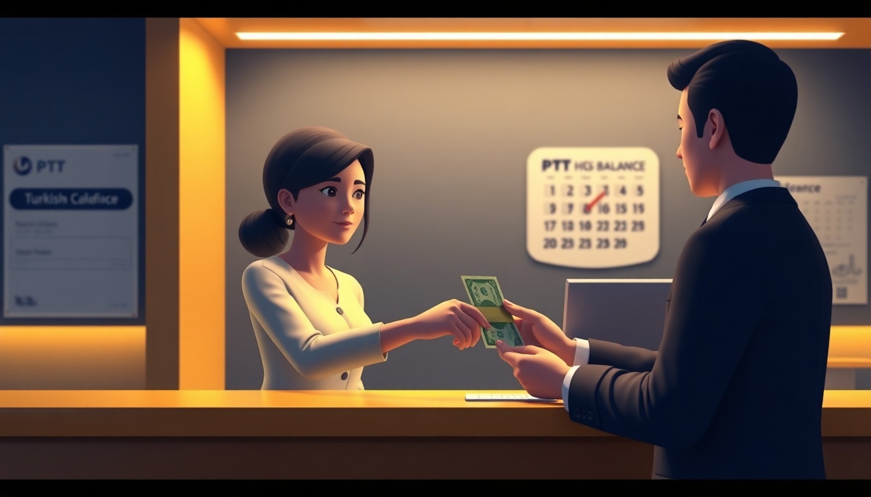 PTT gişesinde HGS bakiye yüklemesi yapan kadın illüstrasyonu