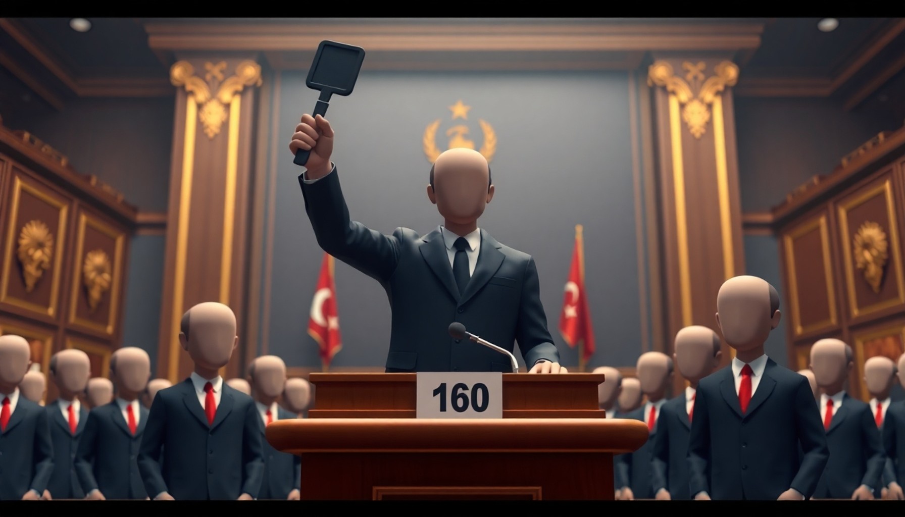 İhale salonunda numara tutan alıcı figürü, icra ihalesi ortamı