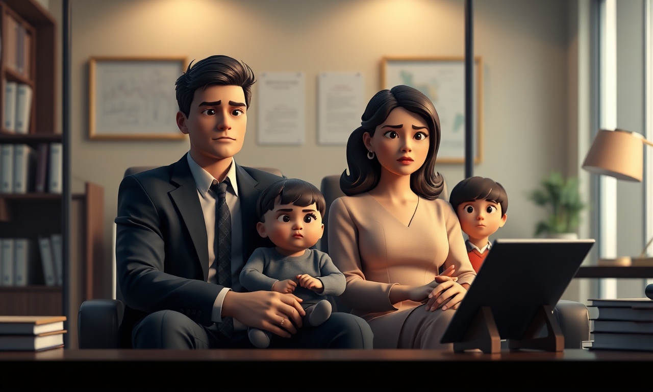 Cinematic editorial 3D illustration for a legal website: A young mother and father, surrounded by their two children, sit nervously in a lawyer's office, awaiting the outcome of their case. The lawyer, a middle-aged man with a kind face, sits across from them, listening intently as they explain their situation. The atmosphere is tense, but the lawyer's words are reassuring, as he explains the possibilities and potential outcomes of their case. The scene is set in a modern, sleek office, with a large window behind the lawyer, allowing natural light to pour in and casting a warm glow over the entire scene. The colors are muted, with a focus on earth tones and soft pastels, creating a sense of calm and serenity. The characters are stylized, with smooth 3D models and minimal facial features, adding to the sense of realism and authenticity. The lighting is soft and volumetric, with a deep navy blue and warm gold palette, creating a sense of depth and dimensionality. The overall effect is one of calm and reassurance, as the lawyer works to guide the family through this difficult time.