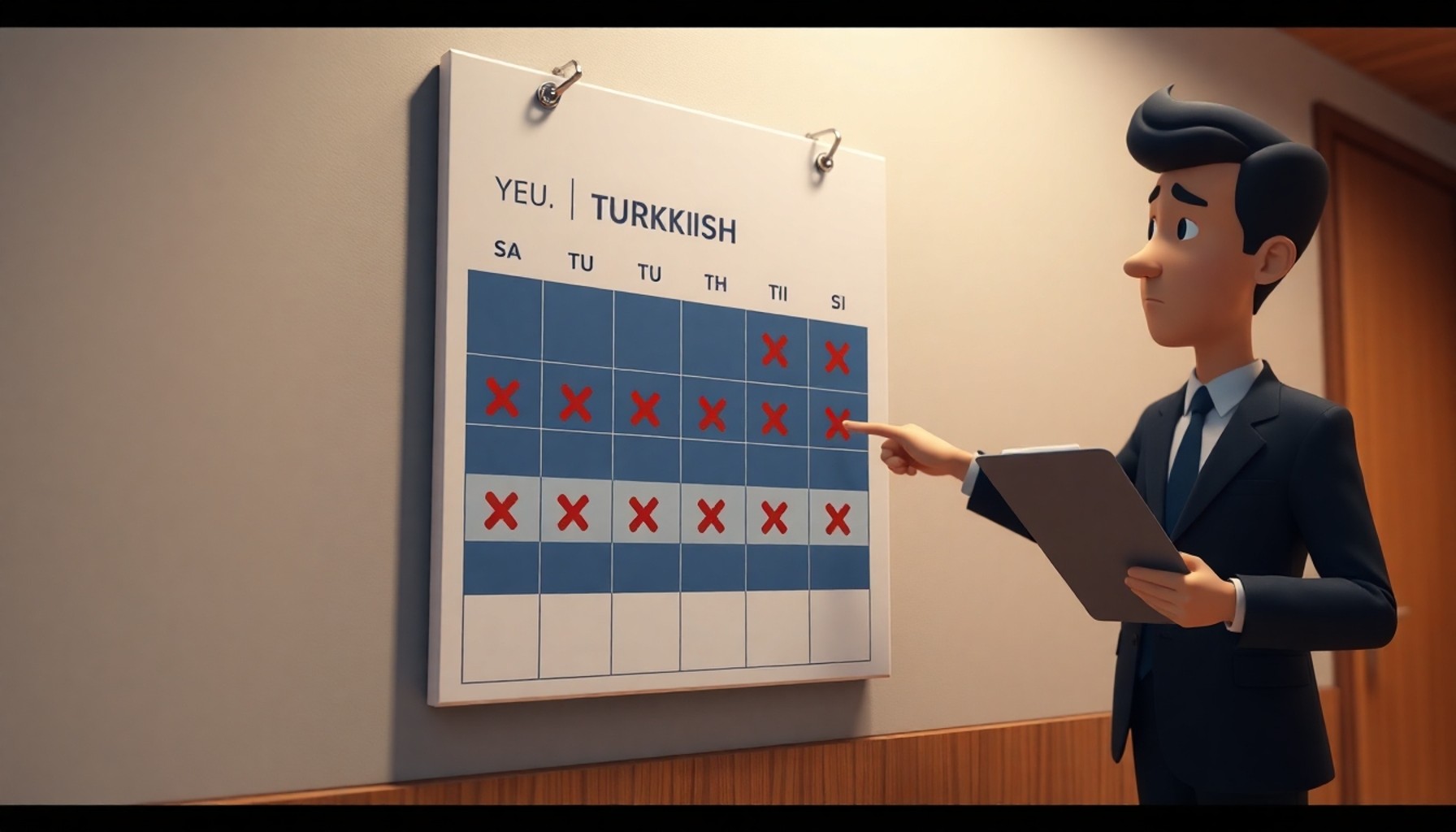 Ofis duvarındaki takvimde kırmızı X'lerle işaretlenmiş devamsızlık günleri, yönetici tutanak tutuyor