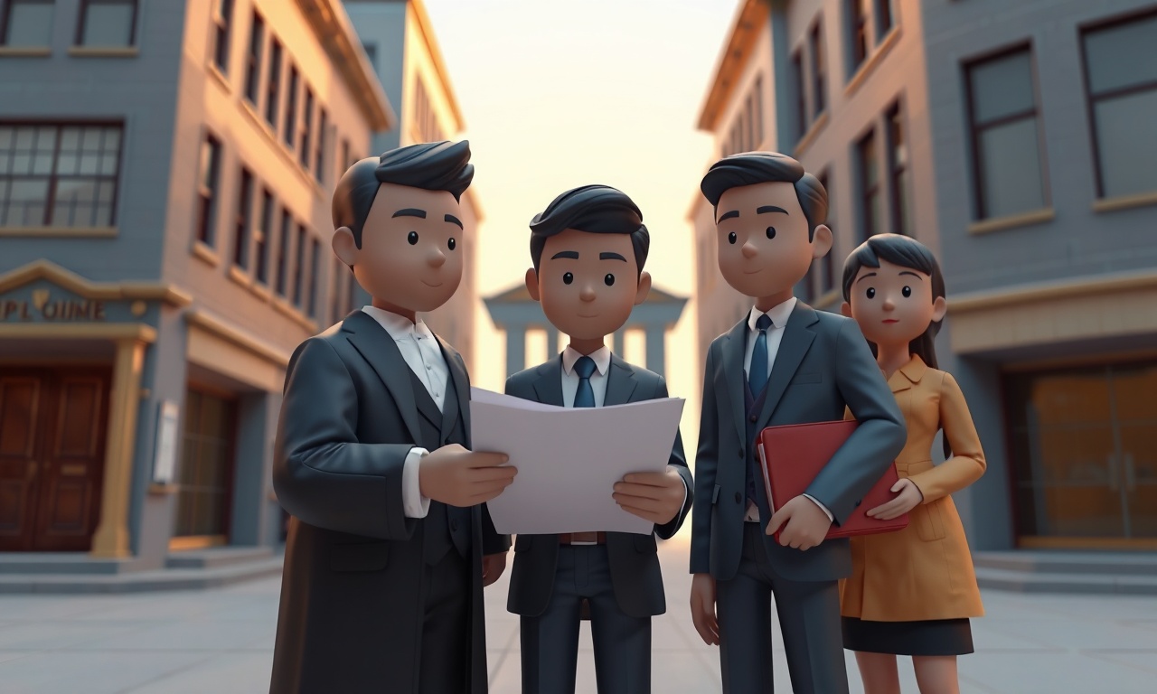 Cinematic editorial 3D illustration for a legal website: A group of stylized smooth 3D characters, including a judge, a lawyer, and a property owner, standing in front of a Turkish courthouse. The characters are depicted in a deep navy blue and warm gold palette, with soft volumetric lighting and atmospheric depth. The scene is set in a bustling Turkish city, with people walking in the background. The characters are shown with minimal featureless faces, adding to the stylized and abstract nature of the illustration.