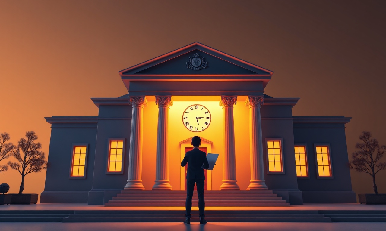 A stylized 3D illustration of a Turkish courthouse with a clock ticking in the background, symbolizing the importance of time in legal proceedings. The illustration features deep navy blue and warm gold colors, with soft volumetric lighting and atmospheric depth, creating a sense of urgency and importance.