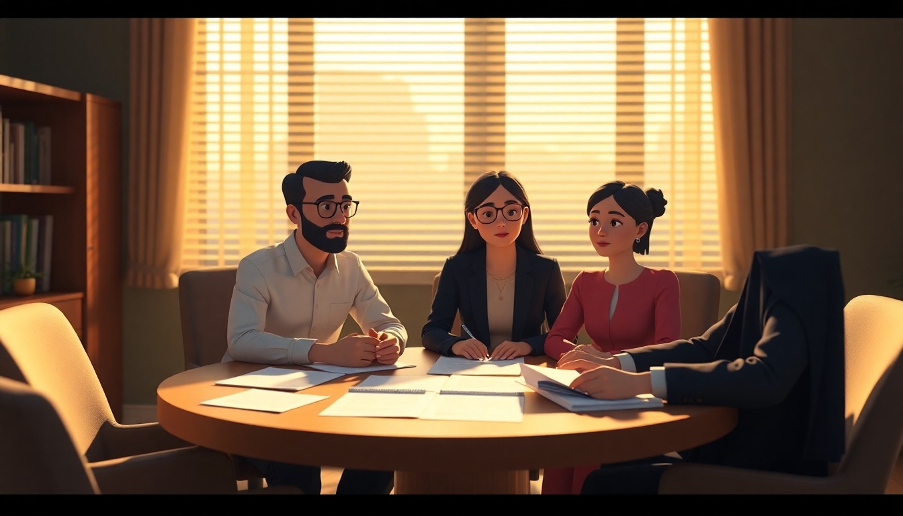 Avukat ofisinde danışma toplantısı yapan aile
