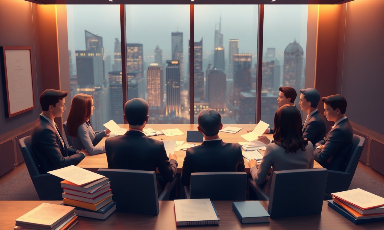 Cinematic editorial 3D illustration for a legal website: A group of people in a meeting room, surrounded by papers and files, with a cityscape in the background.