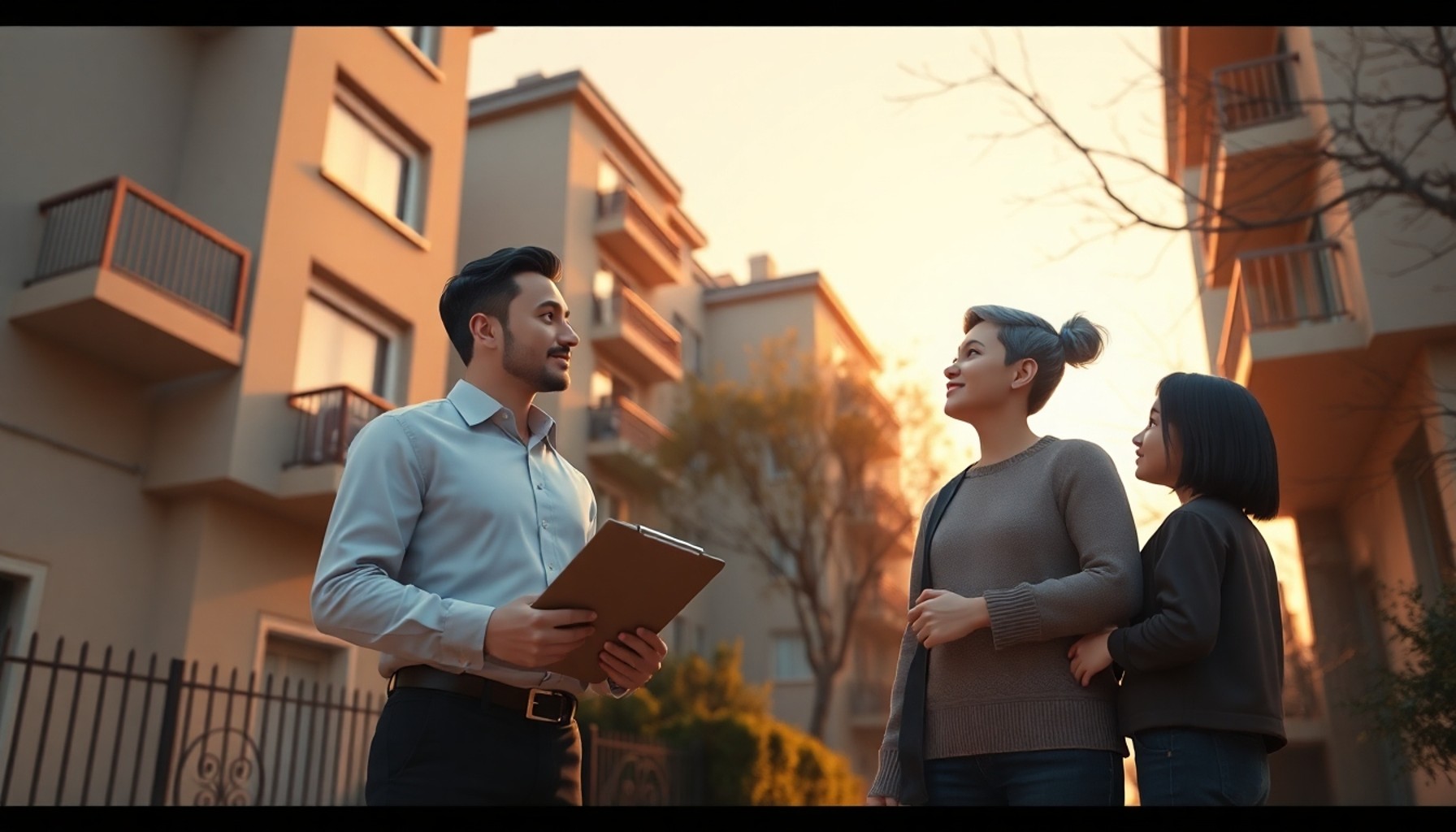 Değerleme uzmanı ve aile üyesi Türkiye'de bir apartman önünde miras taksim için değerleme yapıyor