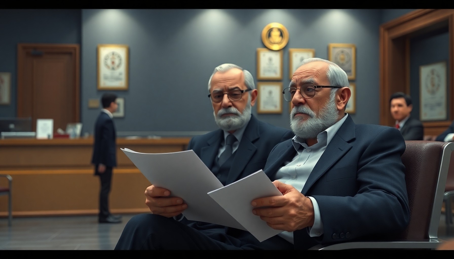 Yaşlı baba noter bekleme salonunda belgelerle bekliyor