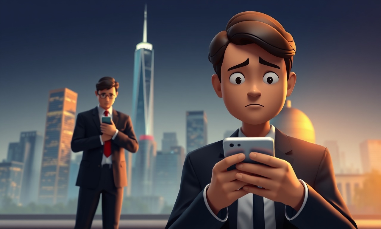 Cinematic editorial 3D illustration for a legal website: A lawyer stands in front of a city skyline, looking concerned as a person in the background checks their phone for suspicious activity. The lawyer's expression is one of caution, while the person in the background looks worried. The scene is set against a dark blue sky with warm golden hues, creating a sense of depth and atmosphere. stylized smooth 3D characters with minimal featureless faces, deep navy blue and warm gold palette, soft volumetric lighting, atmospheric depth. absolutely no text, no words, no letters, no numbers, no captions, no logos, no watermark, no signage, no posters, no labels, no user interface, no screens, no monitors, no phone displays, no dialog boxes, no popups, no buttons, no menus, no forms, no documents with visible writing, no books with readable pages, no realistic facial features. clean wordless scene, people and physical environment only.