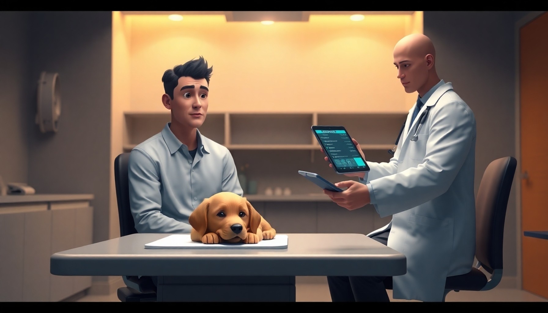 Veteriner kliniğinde hasta golden yavrusunu inceleyen veteriner ve endişeli sahibi