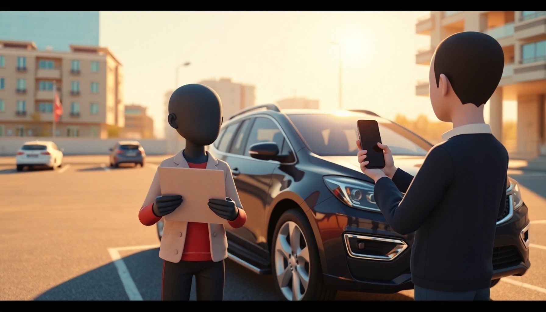 Kiralamada hasar tespiti yapılan araçta clipboard'lı görevli ve telefonla fotoğraf çeken kiracı