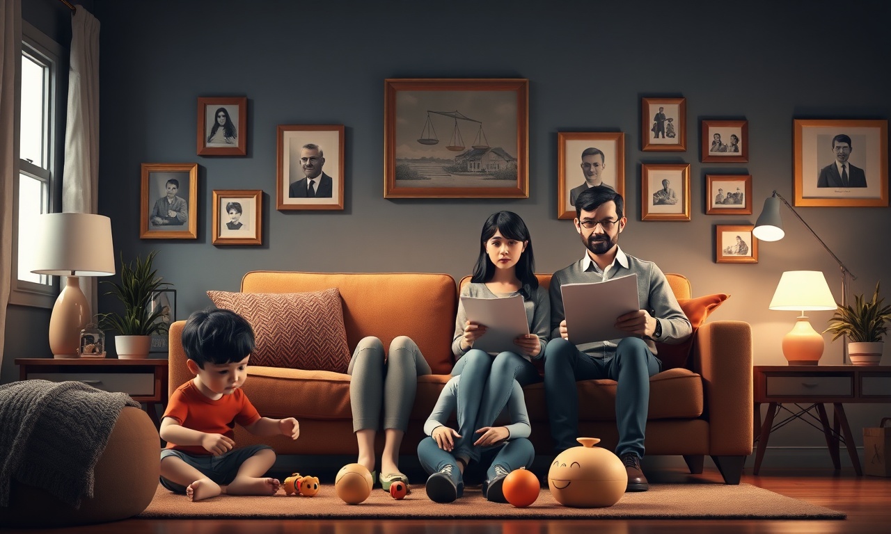 Cinematic editorial 3D illustration for a legal website: A family of four, consisting of a father, mother, and two children, sit in a cozy living room, surrounded by family photos and a warm fireplace. The father and mother are engaged in a heated discussion, while the children sit on the couch, looking concerned. In the background, a window shows a sunny street with people walking by. The scene is set in a comfortable and familiar environment, with a sense of tension and uncertainty. stylized smooth 3D characters with minimal featureless faces, deep navy blue and warm gold palette, soft volumetric lighting, atmospheric depth. absolutely no text, no words, no letters, no numbers, no captions, no logos, no watermark, no signage, no posters, no labels, no user interface, no screens, no monitors, no phone displays, no dialog boxes, no popups, no buttons, no menus, no forms, no documents with visible writing, no books with readable pages, no realistic facial features. clean wordless scene, people and physical environment only.