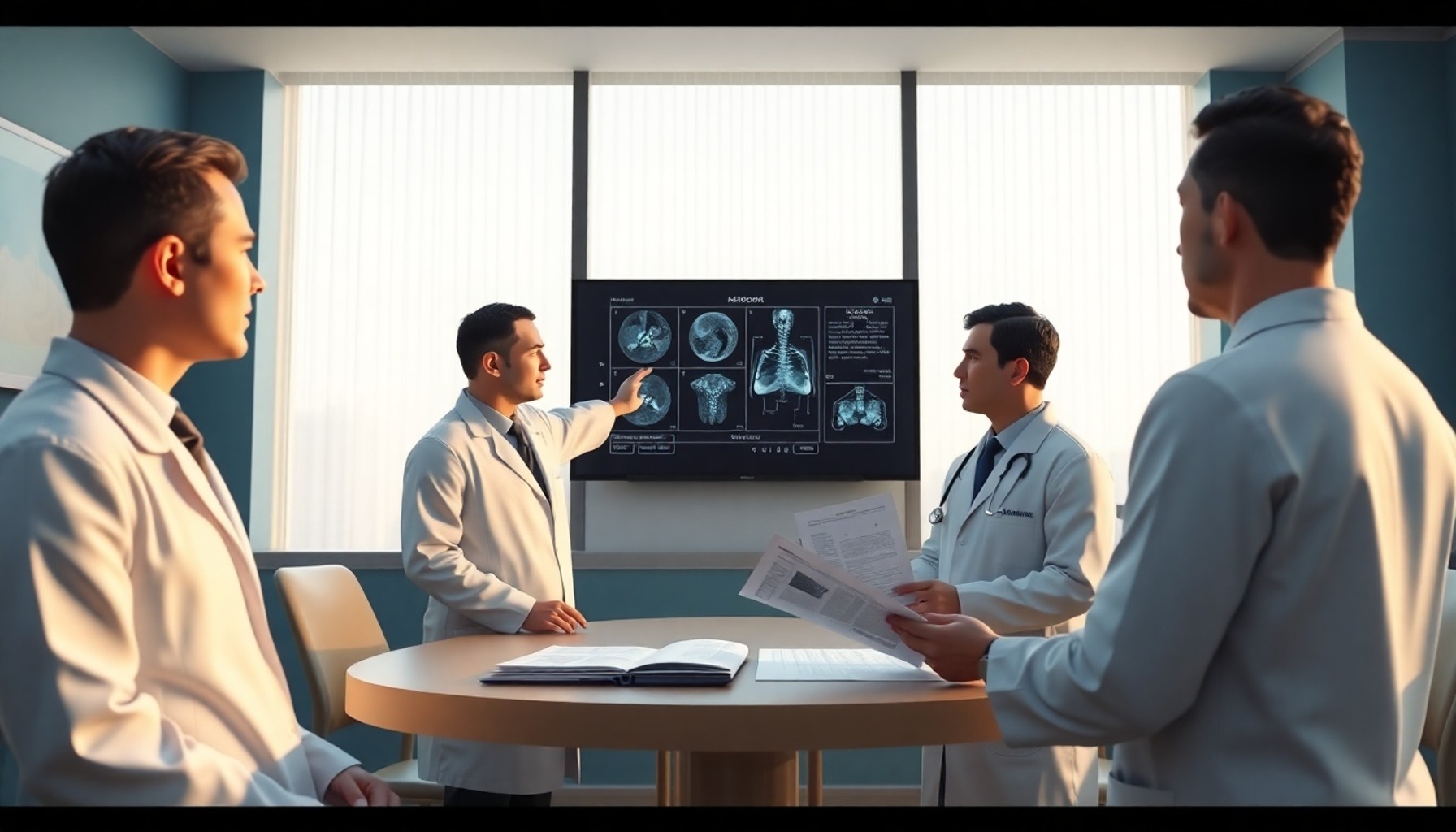 Üç uzman doktor üniversite hastanesinde hasta dosyasını inceliyor, SGK davası için rapor hazırlığı