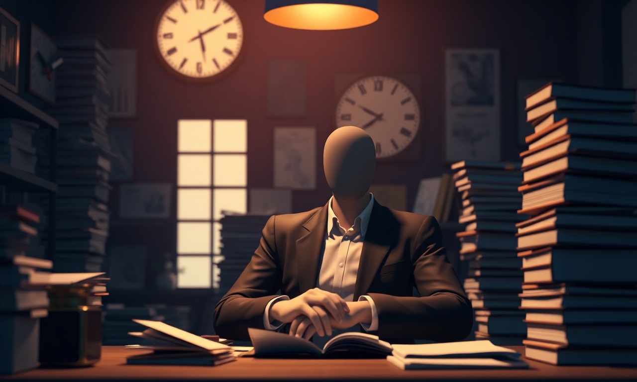 Cinematic editorial 3D illustration for a legal website: A lawyer sits in a dimly lit office, surrounded by stacks of files and papers, with a clock ticking in the background, as they work to meet a deadline for a client's case.