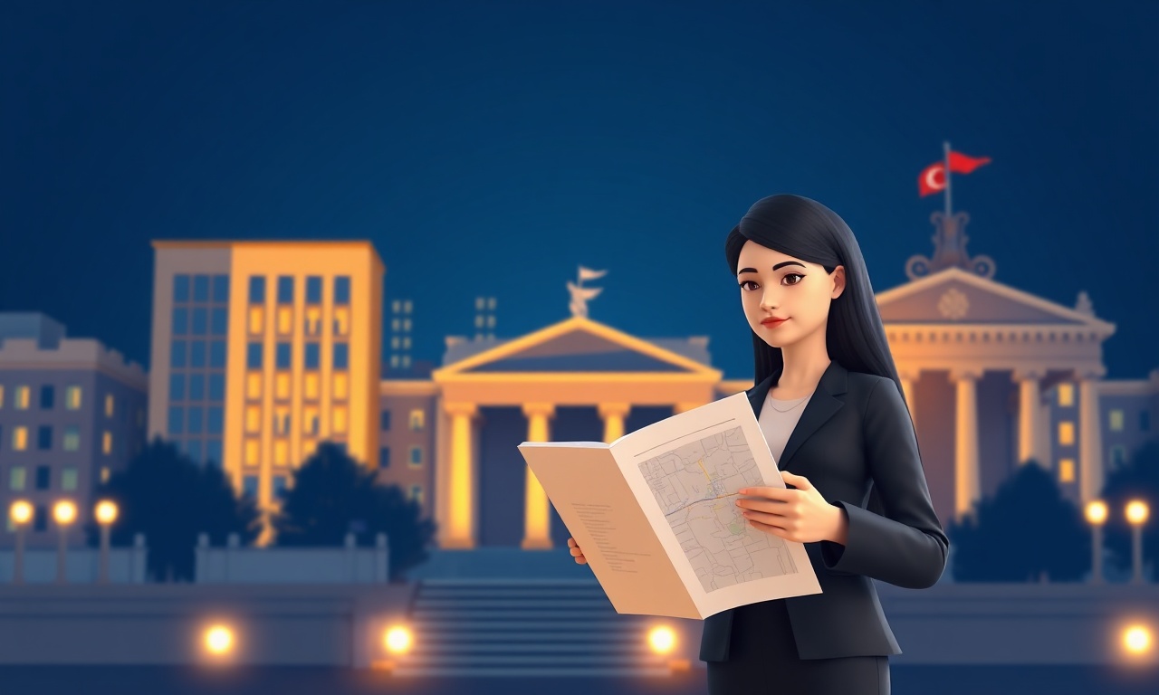 Cinematic editorial 3D illustration for a legal website: a Turkish woman standing in front of a cityscape, with stylized smooth 3D characters in the background, deep navy blue and warm gold palette, soft volumetric lighting, atmospheric depth. no text, no words, no letters, no numbers, no logos, no watermark, no realistic facial features.