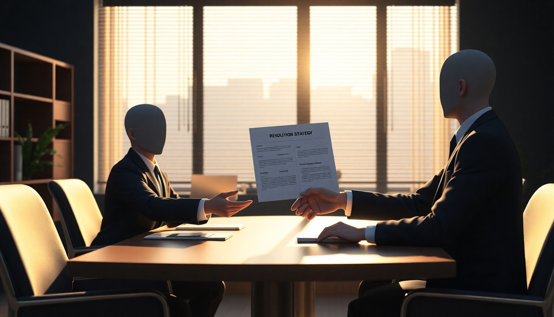 Ticaret avukatı ofis toplantısında çözüm stratejisini sunarken müvekkil rahatlıyor
