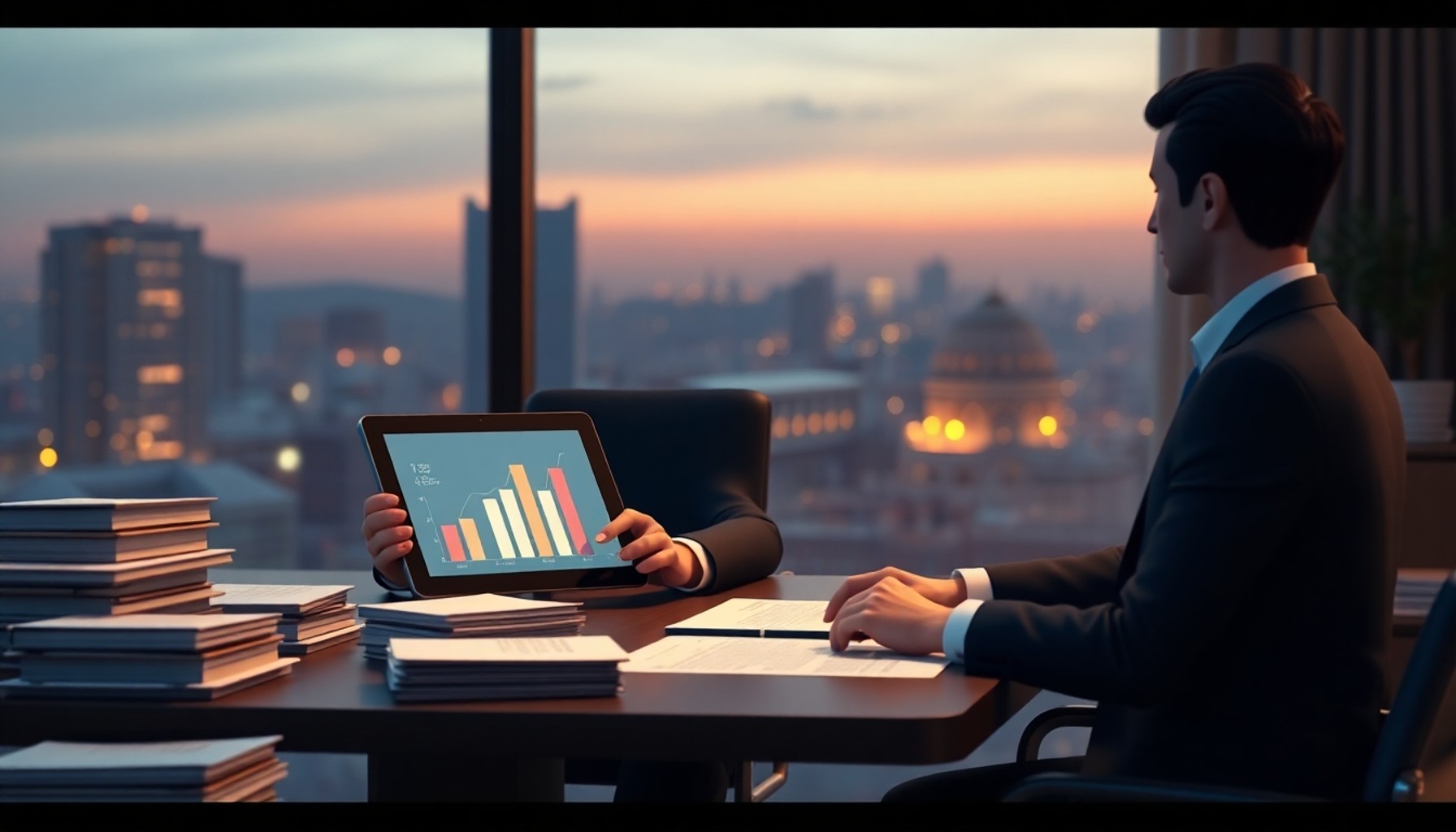 Finansal danışman müvekkile artan faiz hesabını tablette gösteriyor