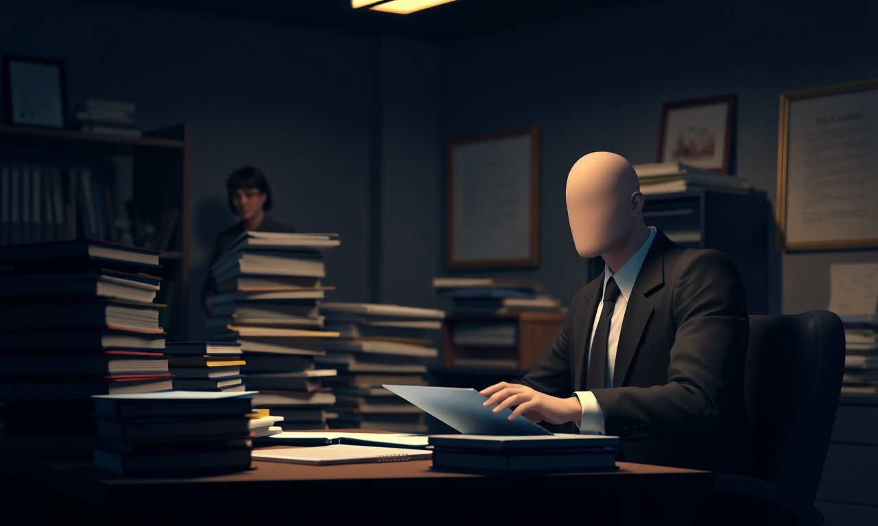 Cinematic editorial 3D illustration for a legal website: A lawyer sits at a desk, surrounded by papers and books, while a person in the background looks worried. The scene is set in a cozy office with a warm glow, and the characters are stylized with minimal features.