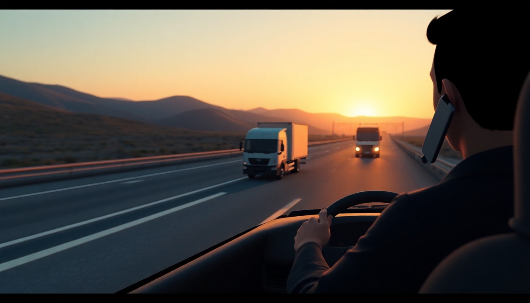 Otoyolda arızalanan araç yanında telefonda yol yardımı çağıran sürücü, uzaktan yaklaşan çekici