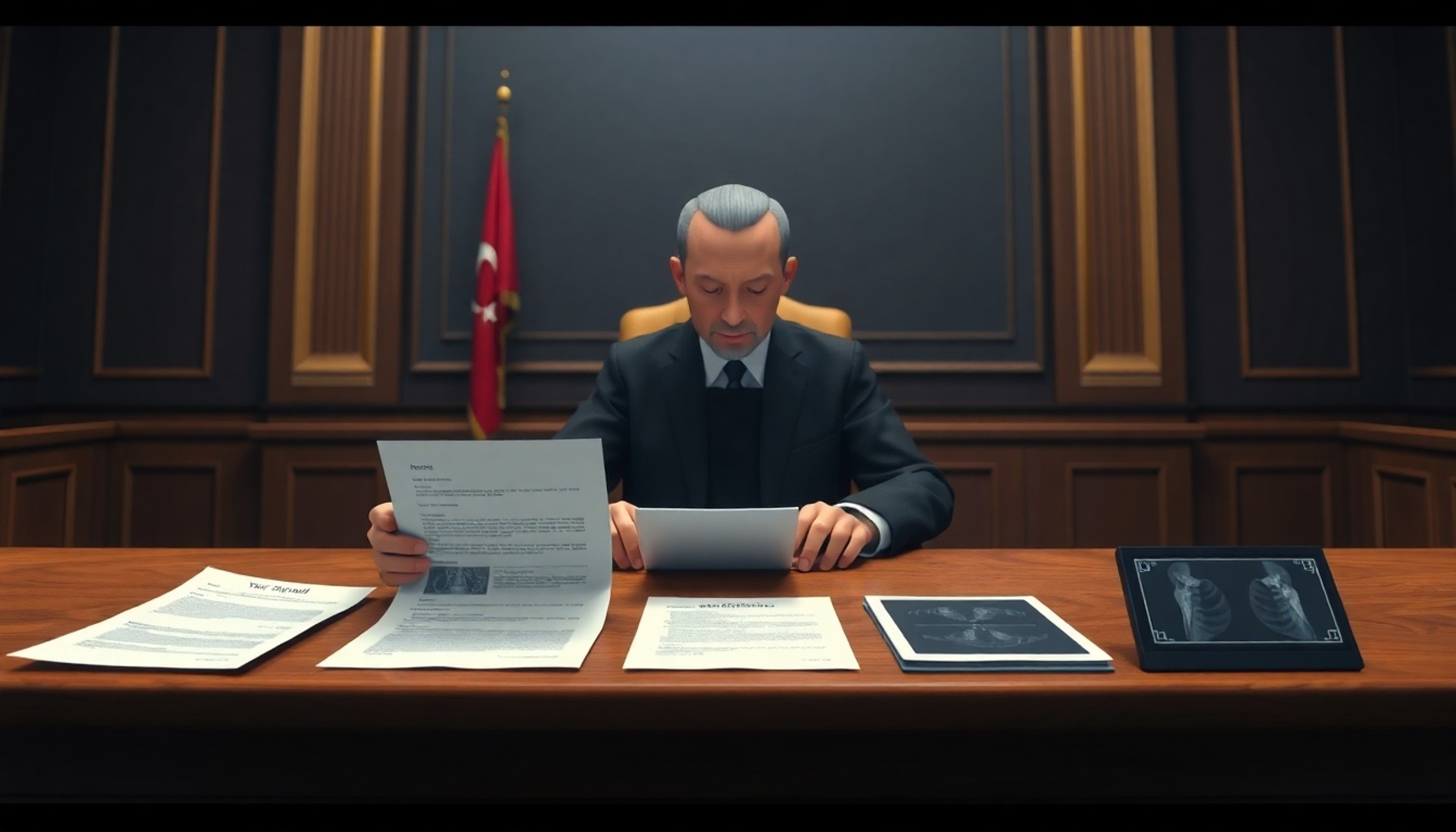 Hakim duruşmada yaş düzeltme delillerini incelerken