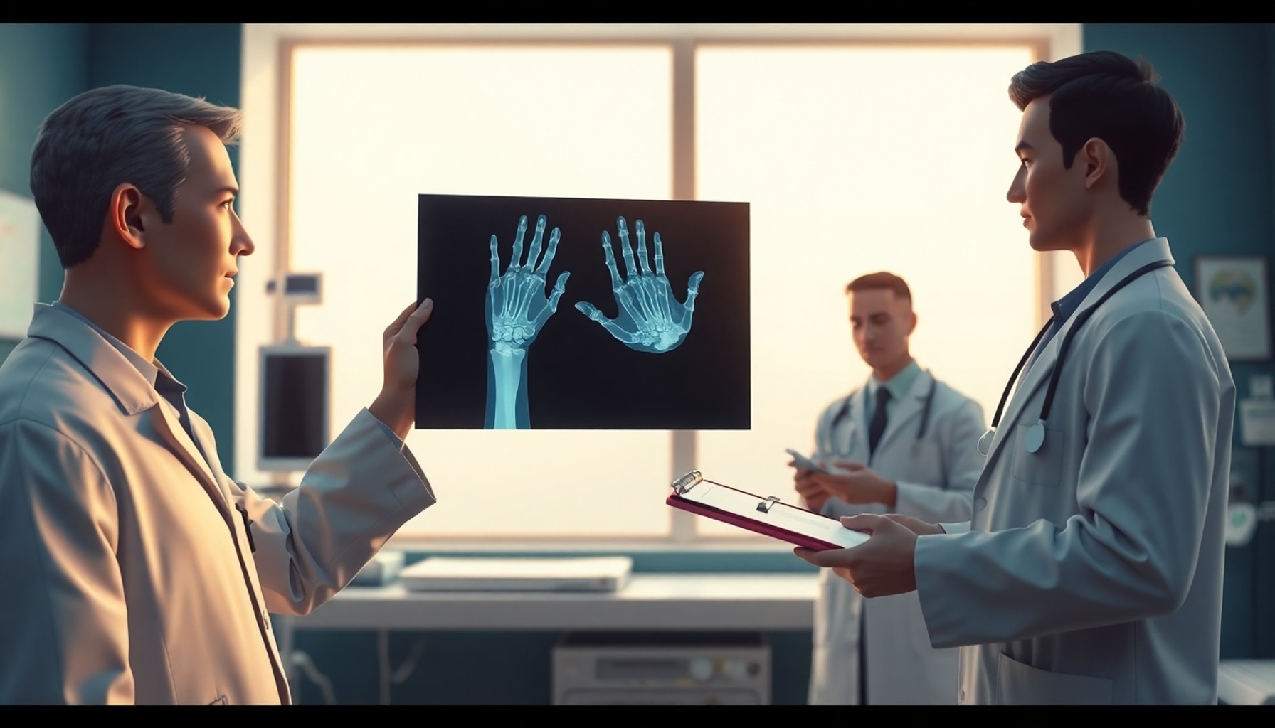 Hastanede kemik yaşı tespiti için el röntgeni inceleyen doktor