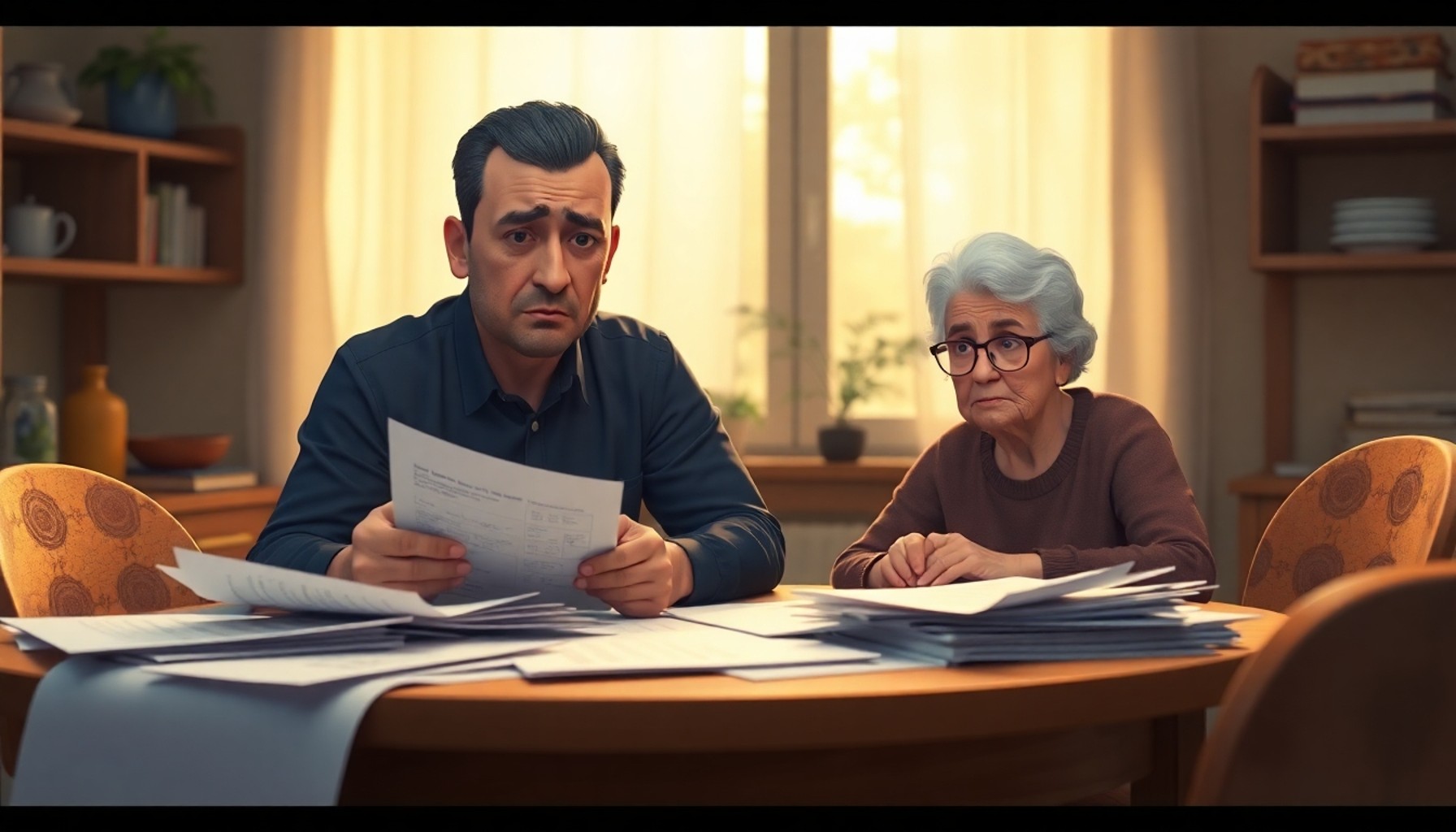 Hukuki süreç hatası, stresli aile ve yaşlı ebeveyn illüstrasyonu