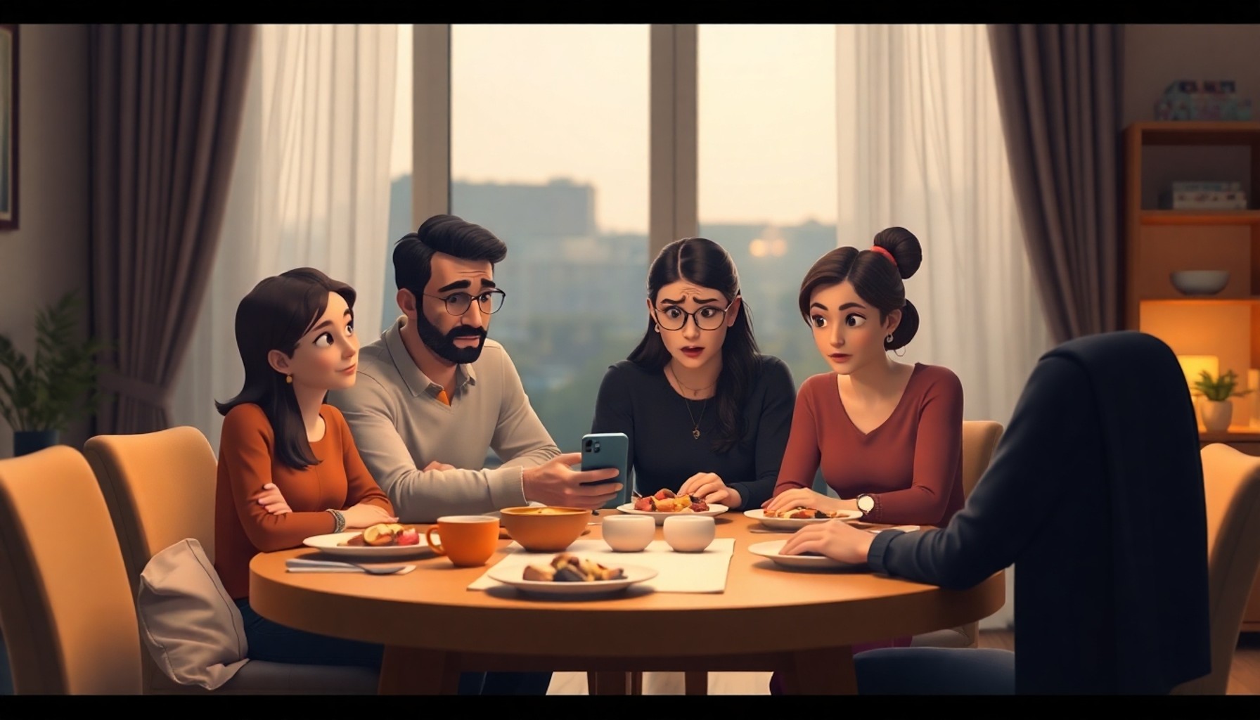 Türk ailesi yemek masasında endişeli şekilde telefonu inceliyor, sahte yatırım uyarısı paylaşıyor